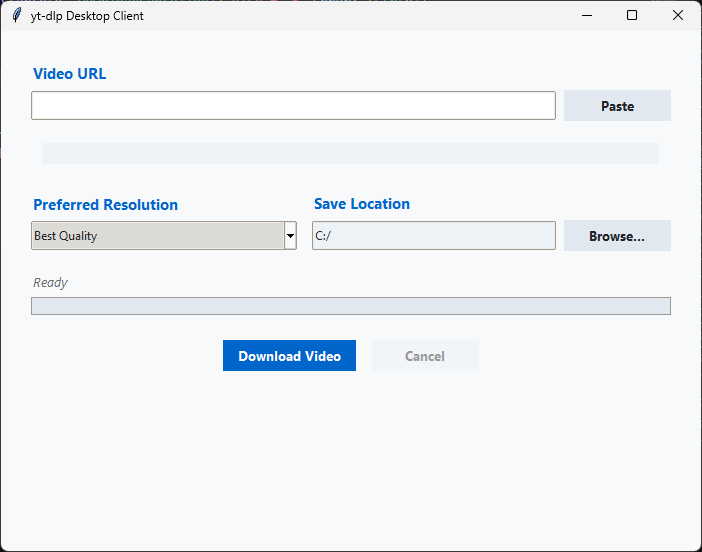 ytdlp-tk main window: URL field, metadata card with title and duration, resolution dropdown, and download progress bar